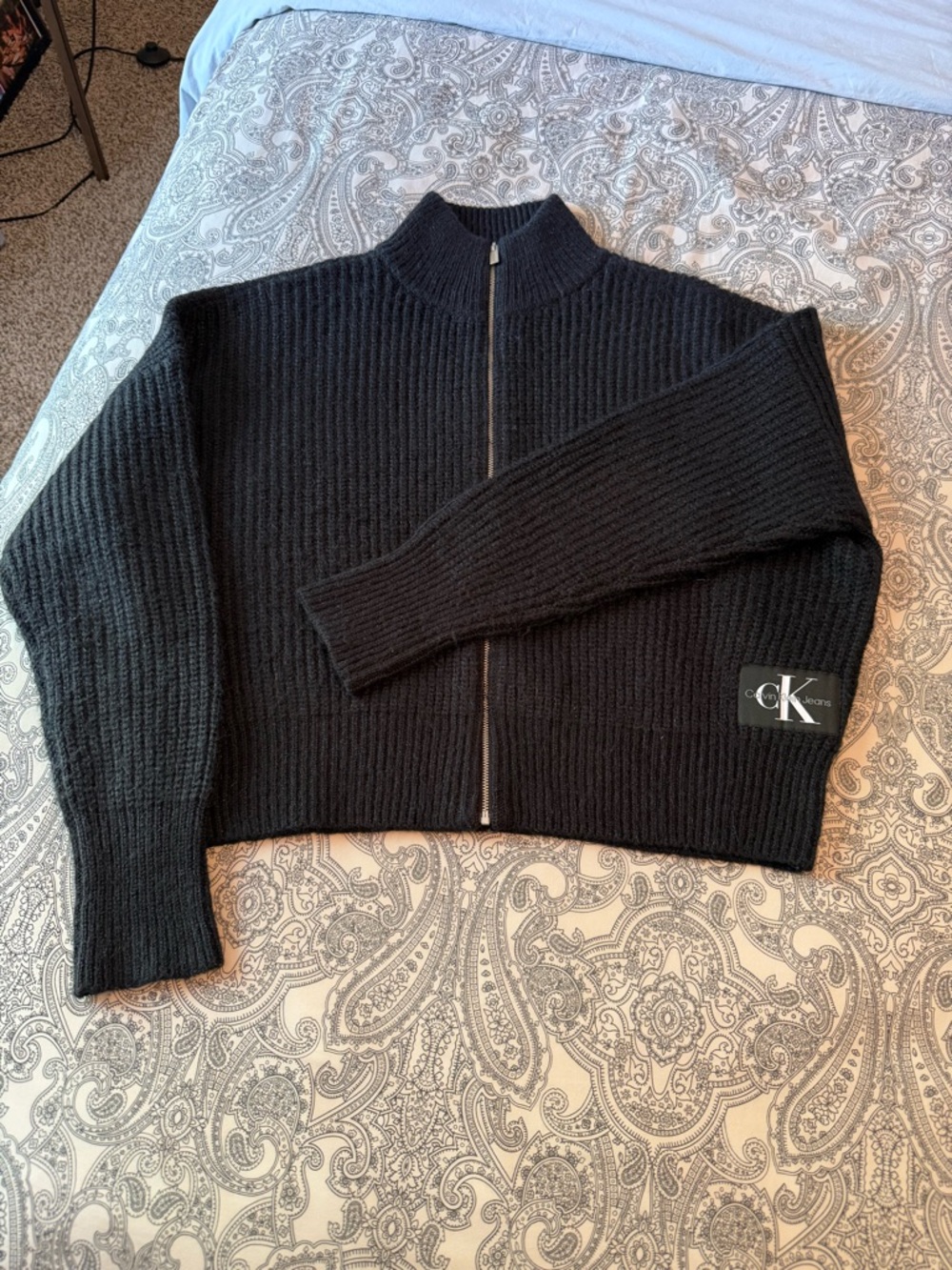 Calvin Klein Black Ribbed Knit Zippered Sweater